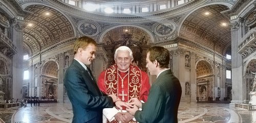 Papa Ratzinger celebra matrimonio gay in un quadro di Kevin Sharkey Cultura Gay 