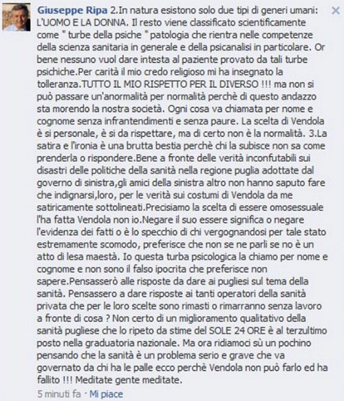 Pdl, assessore Giuseppe Ripa: "Vendola? Gay con turbe psichiche Cultura Gay Primo Piano 