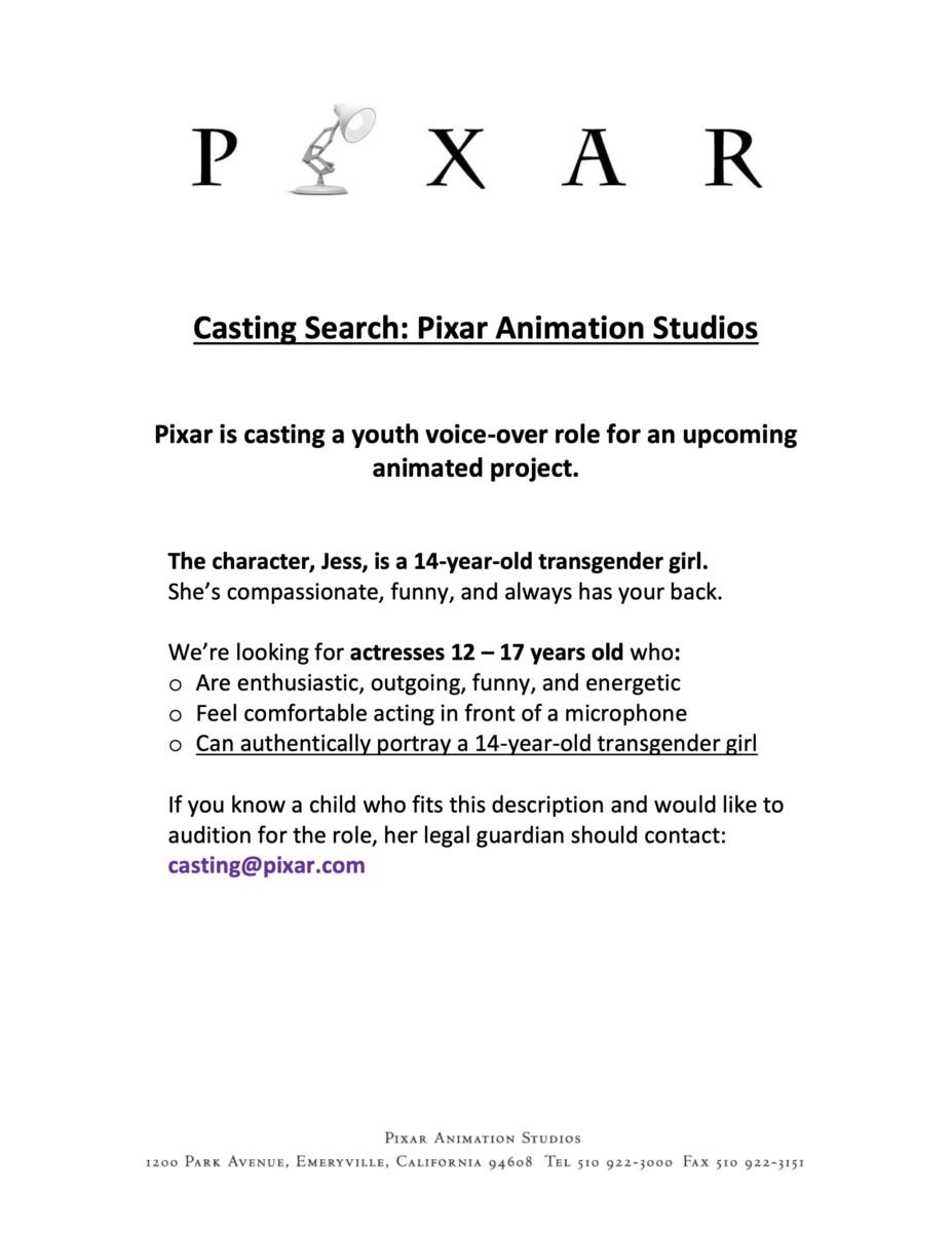 Pixar apre i casting per primo personaggio trans Cinema Gay 